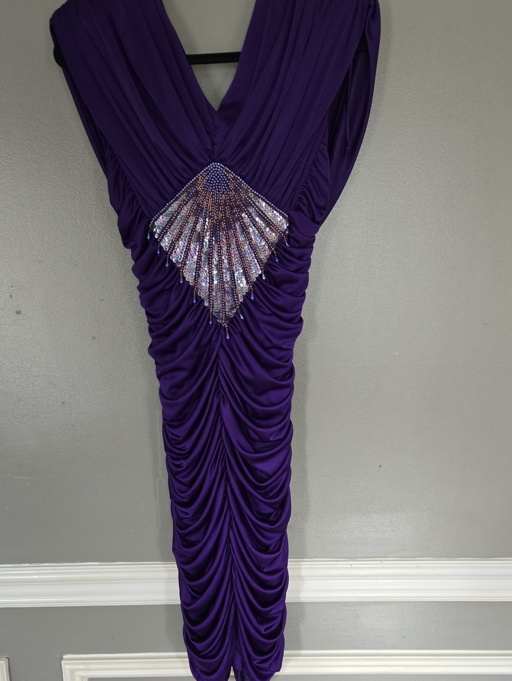 Deep Purple Ruched Midi Dress with Beaded Accent
